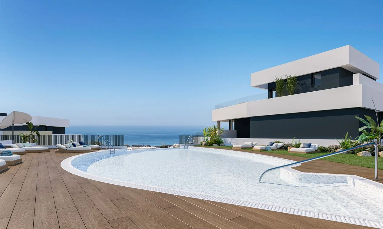 Render de la piscina exterior comunitaria de MedBlue Marbella