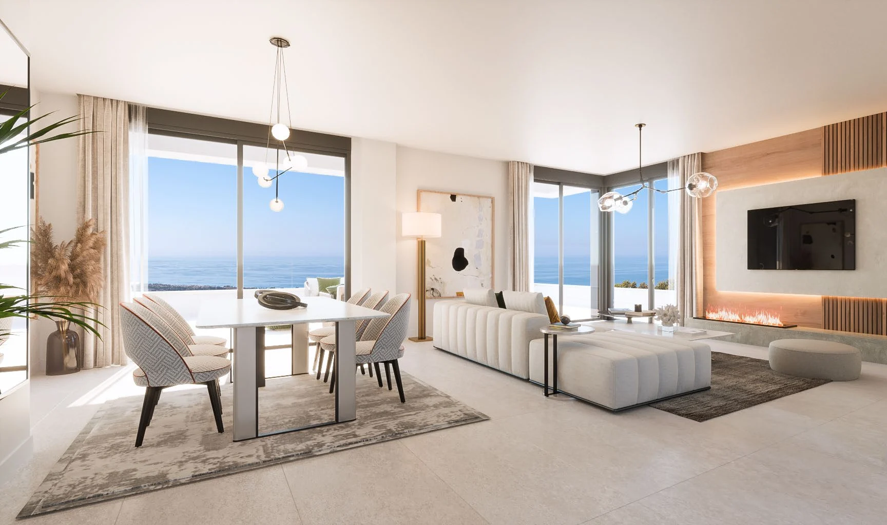 Render del salón y la cocina abierta de MedBlue Marbella